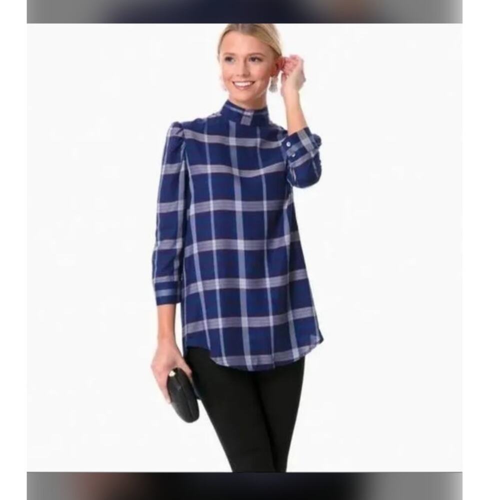 Harshman | Blue Plaid Lyocell Millicent Blouse Dark Academia 3/4 Sleeve Sz Small